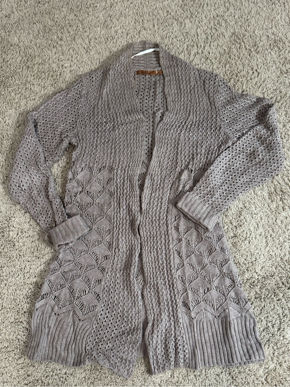 Belldini Taupe Open-Front Eyelet Knit Cardigan